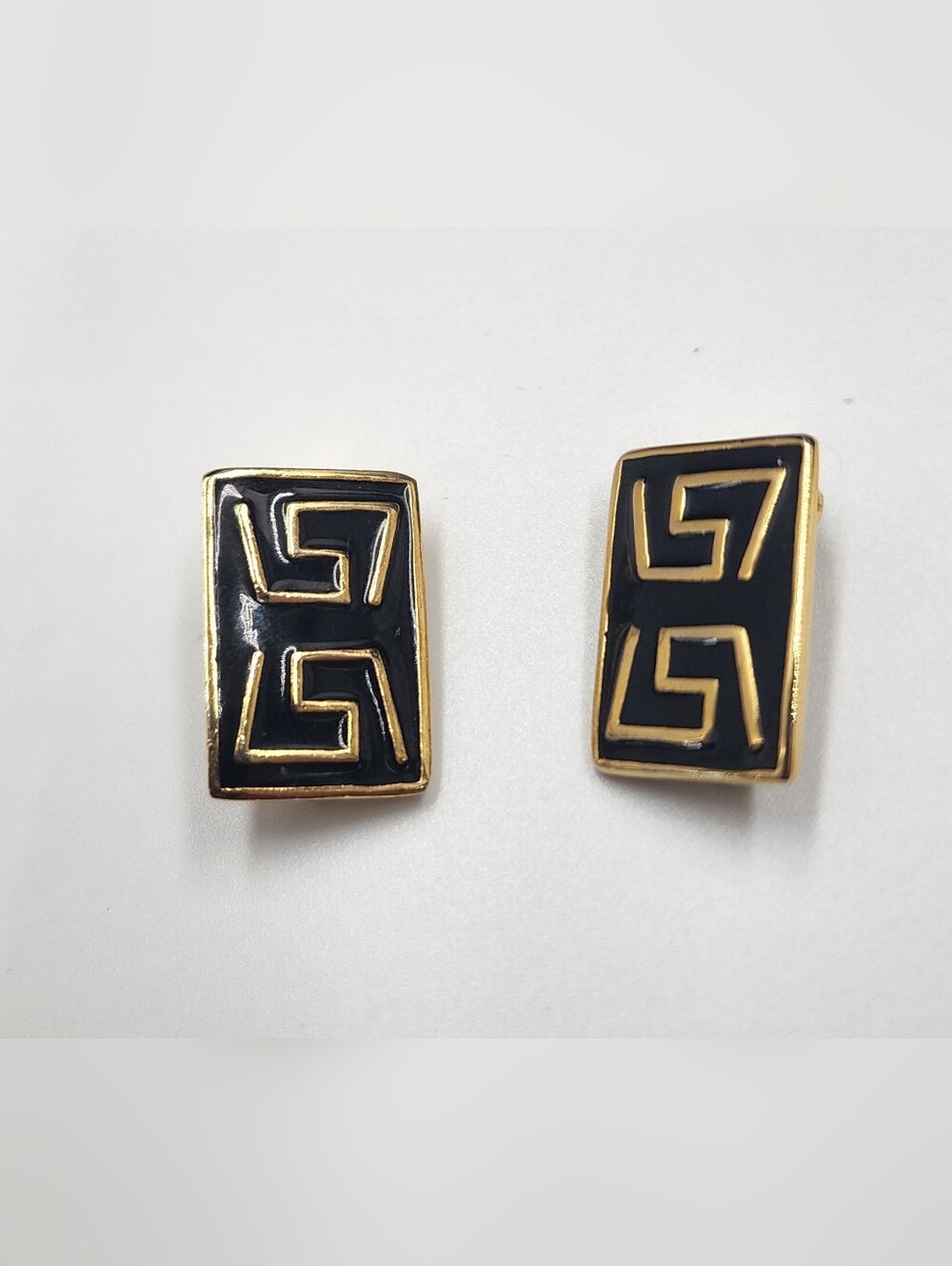 Vintage 80's Enamel Greek Key Rectangle Gold Tone Clip On Earrings
